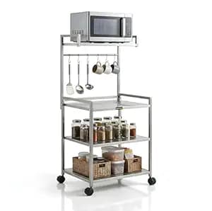Premium 4 Tier Heavy Duty Microwave Rack with Wheels | Metal Kitchen Organizer Stand for Oven, Air Fryer & OTG (MS 4 Silver)