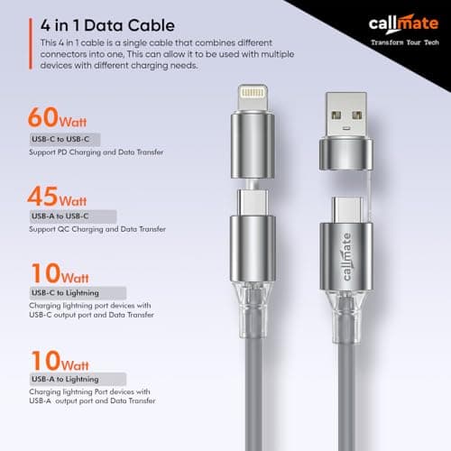 callmate Hyper Sonic 4 in 1 60W PD Fast Charging Cable, USB-A & Type-C to Type-C/Lightn-ing, Multi Charging Cord with Data Transfer, Compatible with iPhone, Android & USB-C Devices (Grey, 1.5M) 2