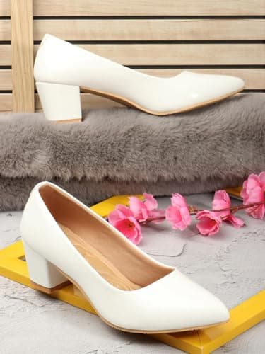 Buy Tale Women’s White Block Heel Pumps | Comfortable Slip-On Office Wear Shoes, White-8 3