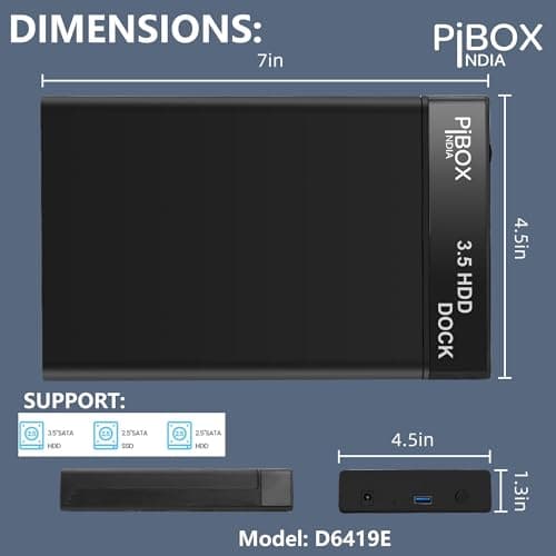 Hard Drive Enclosure, PiBOX India USB 3.0 External Hard Drive Docking Station for 3.5/2.5 Inch SATA Hard Drives/SSD with 16 TB+, Tool-Free HDD Enclosure with 12V/2A Power Supply UASP Acceleration 5