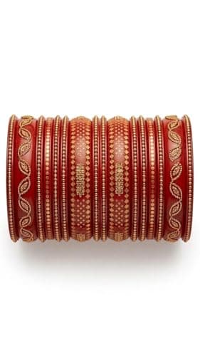 VA GLOBAL Traditional Red Bridal Lac Bangles Set for Women Designer Stone Work Chudi Kada Set Ethnic Wedding Festive Jewelry Glass Look Bangles (One Size, 2.8, Centimeters)