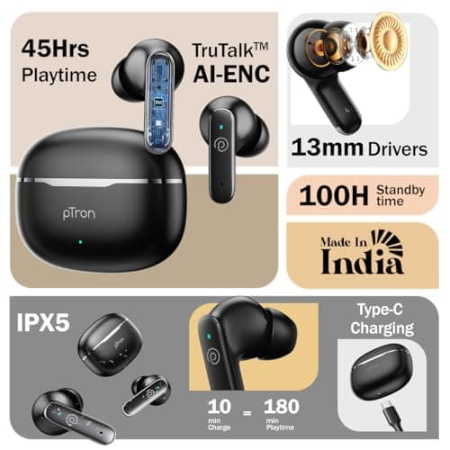 pTron Bassbuds Eon in-Ear TWS Earbuds w/ 13mm Drivers, 45Hrs Playtime, Dual HD Mic & TruTalk AI-ENC Calls, Custom EQ,Mobile App, Bluetooth v6.0 Headphones,Voice Assist., Type C Charging & IPX5 (Black) 2