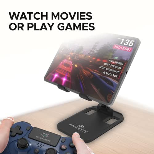 Amkette Ergo Desk Phone Holder, Foldable Mobile Stand with Height Adjustable Design and Anti-Slip Silicone Grips for Office and Home use, Compatible with Smartphones and Tablets (Black) 3