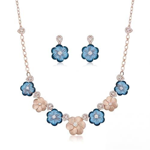 VEDA SILVER| Women's Necklace Set in 92.5 Sterling Silver with Blue Enamel and Sparkling Stones| Rose Gold Finish| Includes Matching Earrings| Polished| Waterproof