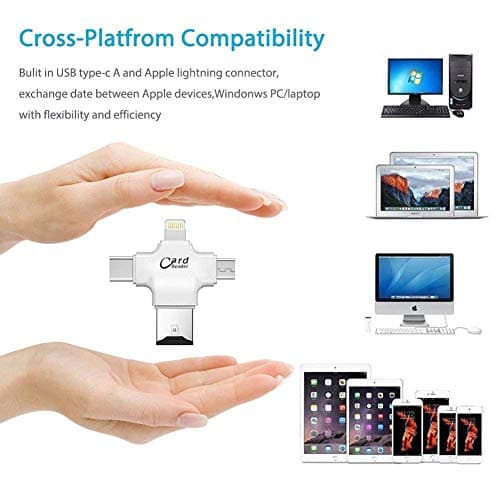Meshiv 4 in 1 OTG Card Reader for Lightning to Micro SD/TF Card Readers Adapter for Lightning Type C Micro USB & USB Card Reader 3