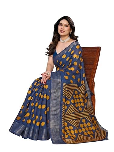 Women's Cotton Blend Printed Jaquard Border Saree with Unstitched Blouse Piece BZ_4307_Kaveri Goli Firozi-Yellow 3