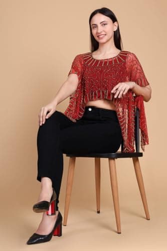Women's Red Sheer Net Embellished Cape Top/Poncho Shrug | Ethnic Blouse Overlay for Lehengas Sarees Dresses. 5