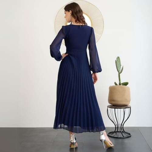 Berrylush Women Solid Navy Blue V-Neck Long Puff Sleeves Pleated Empire Maxi Dress 4