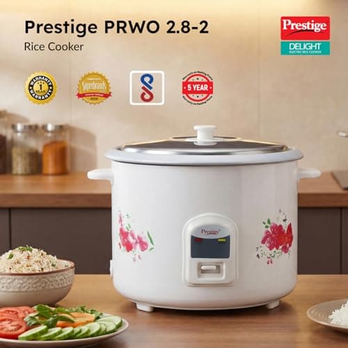 Prestige PRWO 2.8-2 Electric Rice Cooker 2.8L with Close Fit Lid|White|Raw capacity-1.7 liters|Cooked capacity-2.8 liters|Cooks for a large family 2