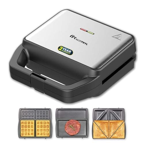 Mr. TRU 3 in 1 Grill, Sandwich, Waffle Maker Machine | Electric Bread Griller and Toaster | Non-Stick Coating Removable Plates | 800W (Auto Cut-Off), Black | 2 Years Warranty | Perfect for Gifting