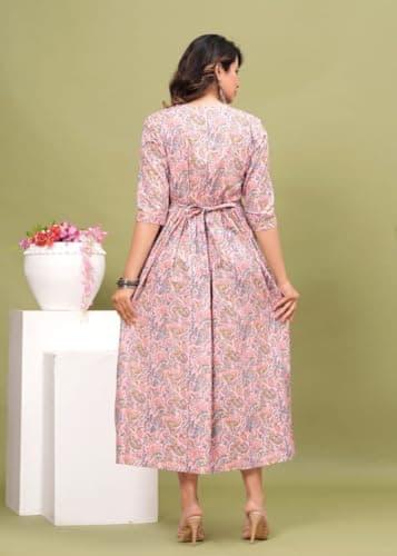 Fit and Flaired Cotton Printed I Maternity I Kurti I Kurta I Gown I Midi I Maxi I Feeding Kurti I for Women (L, Multi-Pink) 2