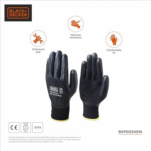 BLACK+DECKER Supported Safety Hand Gloves with 18 Gauge Nylon Liner & Fully Coated | Safety Gloves for Mechanical Risk & Multipurpose Use | Size-L | BXPG0345IN-L 2