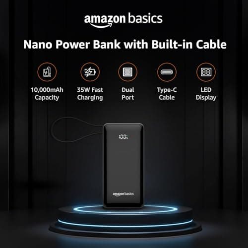 Amazon Basics Power Bank, 10000mAh, 35W Nano, Built-in Type C Cable, 2 Ports - Metallic Silver 2
