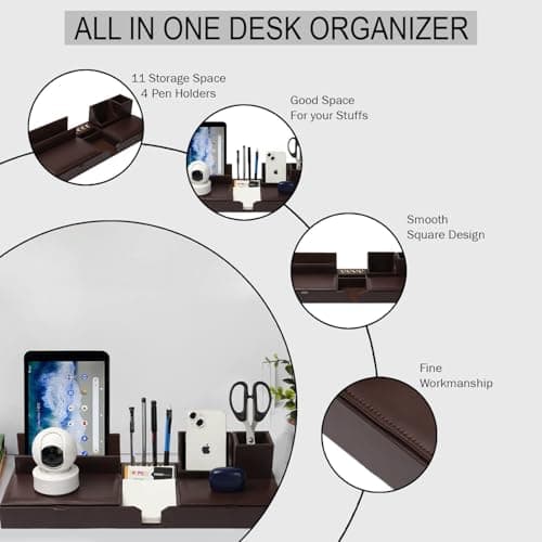 GIFTONVY Office Desk Organizer and Workspace Accessories Storage Set Leather 11 Compartment Multipurpose Sticky Note Tray Remote and Stationary Pen Stand With Mobile Holder 3
