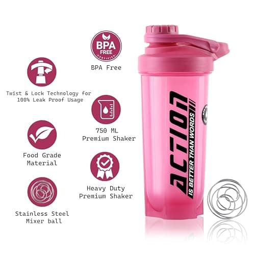 Zyro Action Gym Shaker Bottle 750ml – Leakproof Protein Shaker for Gym & Workout, BPA-Free Plastic Sipper Bottle with Mixer Ball for Men, Women & Kids (Pink, Pack of 1) 2