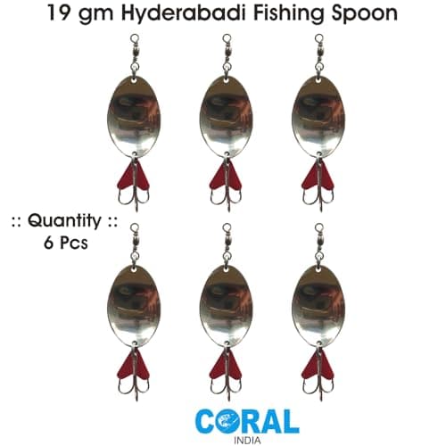 CORAL INDIA - 19gm HYDERABADI Handmade Fishing Spoon Stainless Steel Silver Lure Fishing Tools Accessories Hard Fishing Lures Treble Hooks Metal Lure Baits (19gm-Hyderabadi-Spoon-Pack06) 2
