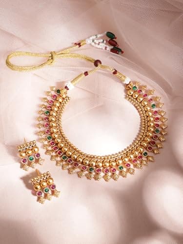 Rubans Women's 22Kt Gold Plated Brass Red And Green Stone Studded Necklace Set 4