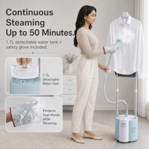 INALSA Standing Iron Garment Steamer-2000 W|Variable Control Knob |1.7 L Detachable Water Tank|Adjustable Iron Board|Vertical & Horizontal Steaming up to 30g/min|28 sec Fast Heating-STEAM MASTER PLUS 3