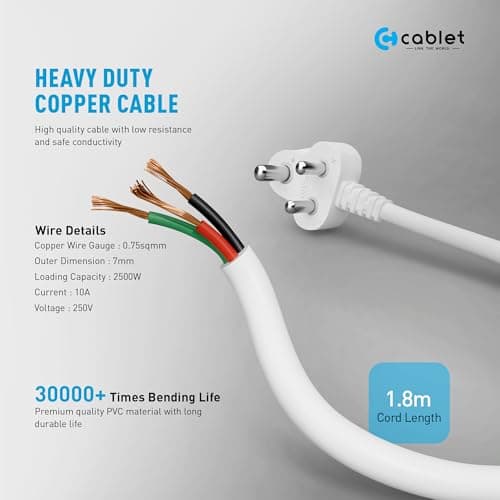 Cablet Extension Board 2500W 10A | 3 Universal Multi Plug Socket with Individual Switch | 1.8 Meter Heavy Duty Cord | LED Indicator, Power Strip & Spike Guard for Home & Office Use 5