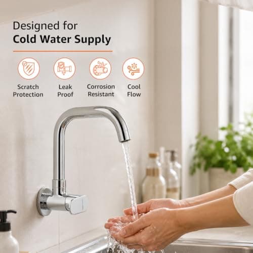 Amazon Basics Rectangular Kitchen Faucet | Cold-Only Single Lever Sink Tap with 360 Degree Swivel Spout | Aerated Water Flow | 15mm / 1/2 BSP | Kitchen Use [Chrome] 4