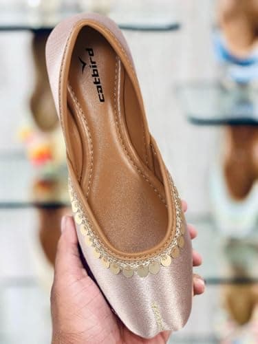 CatBird Women's Pink Lace Work Ethnic Shoes Traditional Mojari Punjabi Jutti 6 UK 3