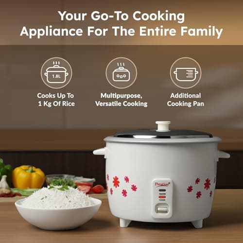 Prestige PRWO 1.8-2 Electric Rice Cooker| 2 Aluminium Cooking Pans | Stainless Steel Lid | Grey/White | Cool Touch Handles | Detachable Power Cord | 700- Watt|1.8 Litres 3