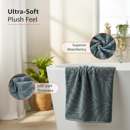 amazon basics Jacquard Ripples Bath Towels, Nature Green 100% Cotton, 500 GSM, 75cm x 150 cm (‎BHE33-BT-NTGN) 3