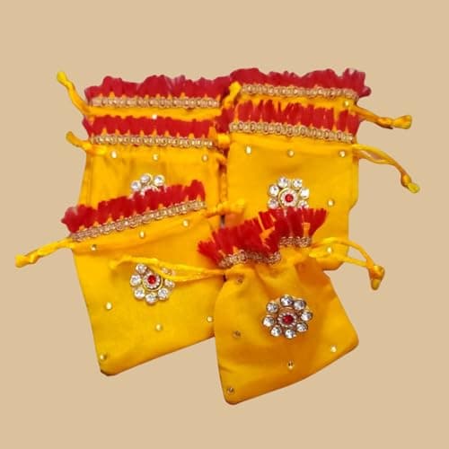 VS Club 12 Beautiful Gold Silver Coin Potli Pouches for Wedding, Baby Shower, Haldi, Mehendi | Shagun, Jewelry, Coin, Dry Fruit, Kesar Pouch Set | Multi Pack (YELLOW-12)