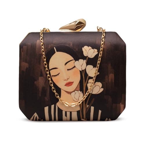 Artklim Girl With Flowers Printed Clutch Bag for Women – Designer Evening Handbag with Detachable Chain for Party, Wedding & Special Occasions