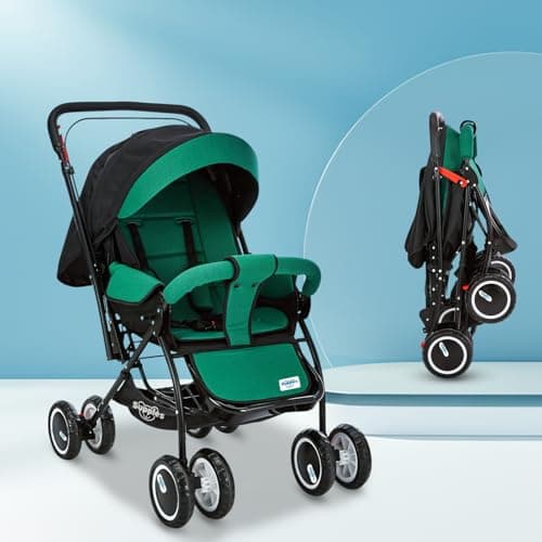 Amazon Brand – Supples Baby Stroller/Pram for Newborns & Toddlers (0–3 Years) | Foldable, 5-Point Safety Harness, Reclining Seat, Storage Basket, Adjustable Backrest, 360° Wheels | Green & Black