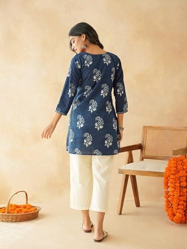 GOODHAND Cotton Short Kantha Kurti Elegant Hand Block Print for Comfortable Daily & Office Wear, Stylish and Versatile for Women Indigo 4