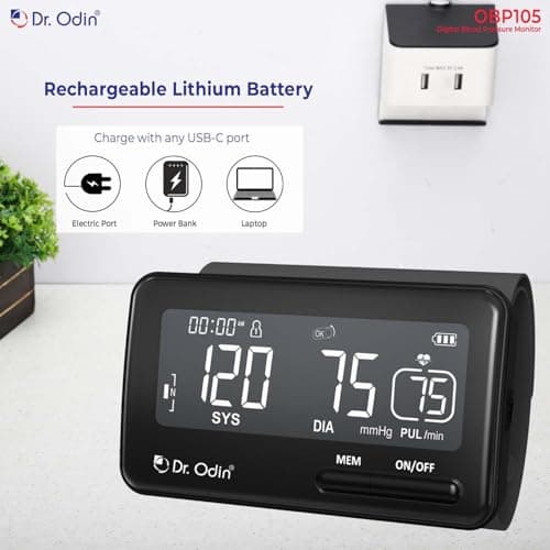 Dr. Odin OBP-105 Digital Blood Pressure Monitor Pulse Point 360° Low Battery detection, 22–42 cm Large Cuff, Accurate One-Touch Operation, Memory & Irregular-Pulse Alert, Type-C Cable (Black) 3