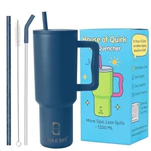 House of Quirk 1200ML Stainless Steel Tumbler with Handle & Lid, 2 Straws – Large Travel Mug Water Cup for Gym, Office & Outdoor Use (Teal Blue)