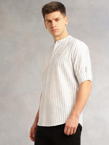 Thomas Scott Men's Slim Fit Cotton Linen Casual Shirt with Mandarin Collar | Vertical Stripes | Three-Quarter Roll-Up Sleeves (TS1381_Navy_S) 3