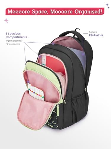 Genie Aqualit School Backpack For Girls |19 Inch-36 Litres With Three Compartments, Light Weight with Padded Shoulders |Best for Books, Water Bottles, Stationery, Lunch Box & Essentials - Black 4
