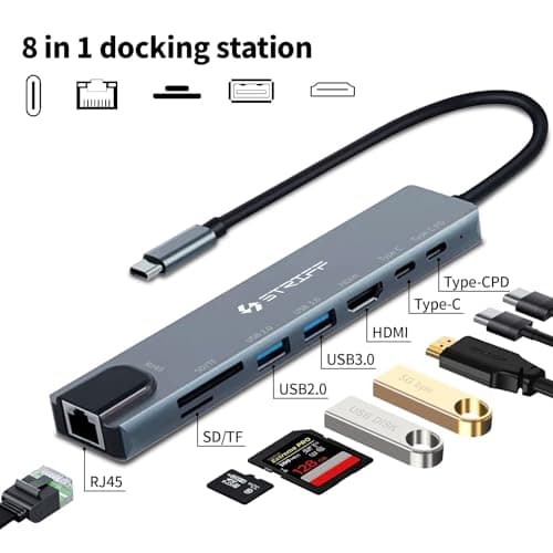 STRIFF 8-in-1 USB C Docking Station, 4K HDMI Adapter, 100Mbps Ethernet, USB 3.0 & USB 2.0 Ports, SD/microSD Card Reader, USB-C Data Transfer, PD Fast Charging Hub for MacBook, Laptop & PC 3