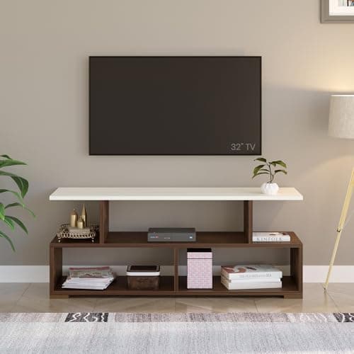 BLUEWUD Victor Engineering Wood Floor Standing TV Entertainment Unit Set Top Box Stand/TV Cabinet with Shelves for Books & Décor Display Unit Bed Living Room Upto 43 inches (Brown Maple & White) 2