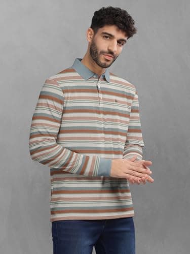 BULLMER Striped Textured Printed Polo Neck Fullsleeve T-Shirt with Rib for Men_Brown_Medium 4