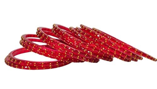 Tanush Women's Plain And Glossy Finished Raindrop Glass Bangles Set Premium Textured Shining Bangles With Bead Detailing Traditional Ethnic Chudi For Daily Wear Party Festive Use Set Of 12 Pcs (Red, 2 4