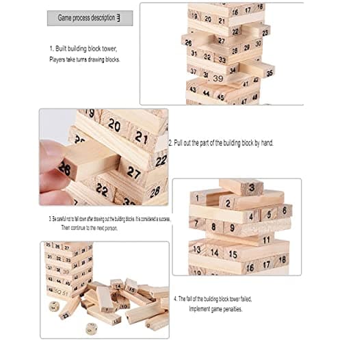 PRIME DEALS Wooden Blocks 51 Pcs 4 Dice Building Blocks Game Challenging Tumbling Tower, Wooden Stacking Toys with Dices Board Educational Puzzle Game for Adults and Kids (Wooden) 2
