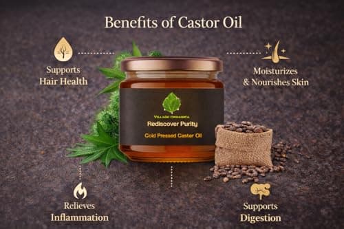 Village-Organica Luxury Cold-Pressed Castor Oil (500 ml Glass Bottle) | 100% Pure, Natural & Hexane-Free | Rich in Vitamin E for Hair Growth, Eyelashes, Eyebrows & Skin Care 3