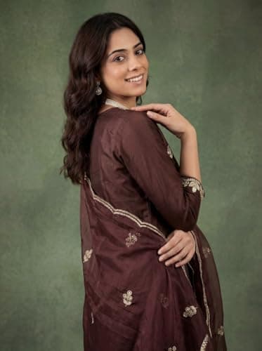 Women's Beautiful Heavy Cotton Blend mbroidered Salwar Suit For Women Readymade Salwar Suit Set Semi-Stitched Top and Duppata For Any Occasion (IN, Alpha, XL, Regular, Womens, Coffee) 3
