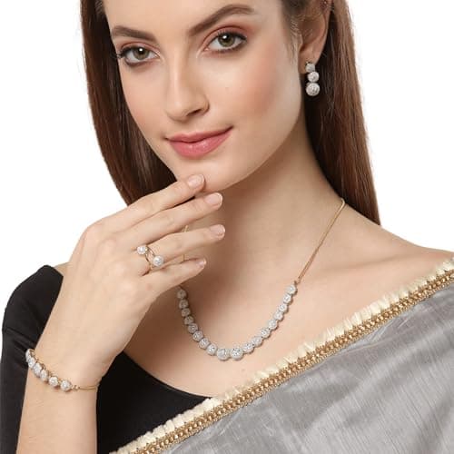 ZENEME Fashion Cubic Zirconia Gold Plated Choker Necklace Set Ring Bracelet With Earring Jewellery For Women Pack Of 4 3