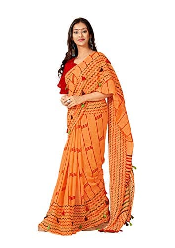 DRAVINAM Trends Women's Khadi Linen Saree With Blouse Piece (SareePN_14_Orange) 2