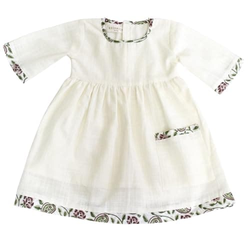 KOSHMOSH Pure Soft Cotton Frock for Baby Girl 3/4 Bell Sleeves Dress with Single Pocket Stylish Knee Length Casual Dress for Girls with Astar/Lining (4-5 Years) Off White