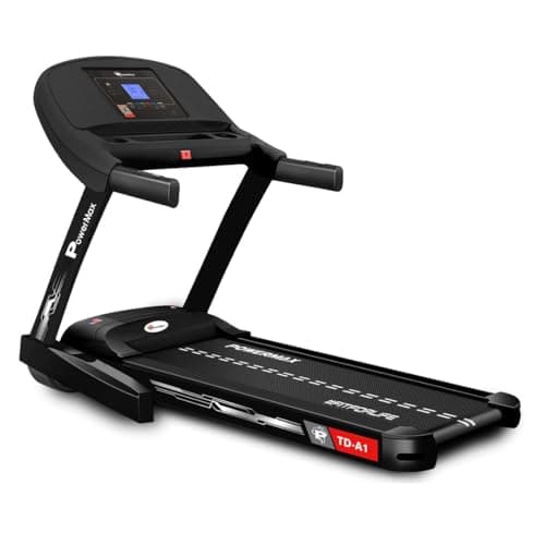 PowerMax Fitness TD-A1 6HP Motorised Foldable Treadmill for Home User Wt. 120kg 15 Lvl Auto-Incline Running Machine for pro-workout, Top Speed 14 km/ph, Speaker, Aux, LCD Display, Bluetooth for app