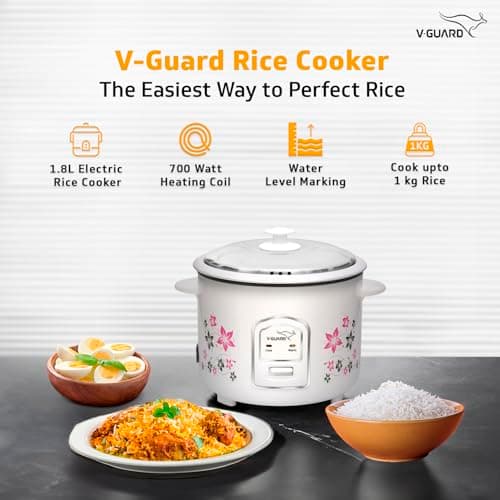 V-Guard VRC 1.8-Litre Electric Rice Cooker with 700 W Power, 2 Pots, Spatula, Rice Separator 5-Yr Heating Plate & 2-Yr Product Coverage Automatic Cooking with Double-Layered Body & Cool Touch Handles 2