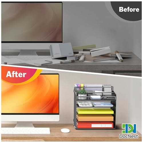 Docnest 5 Tier Mesh Desk Organizer for Paper Office Supplies – Multi-Functional Letter Tray with 5 Adjustable Compartments, 3 Pen Holders, Desktop Storage for Files, Mail, Stationery – Black 2