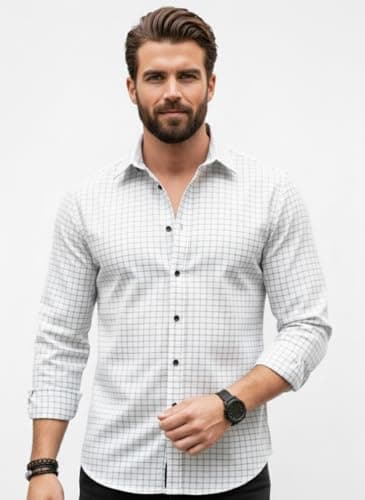 Amazon Brand - INKAST Men's Regular Fit Button Down Dress Shirts Textured Long Sleeve Casual Look Hawaiian Shirt White-2XL 5