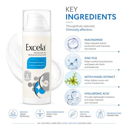 Excela Moisturiser for Oily & Acne Prone Skin, Matte Feel, Non-Comedogenic, Fragrance Free, 50g 3